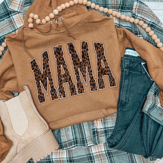 Camel hoodie with mama in leopard print lettering with distressed white outline