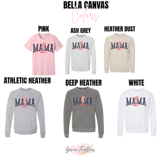 Bella Canvas color options pink ash grey heather dust athletic heather deep heather white for mama patriotic lightning bolt stars graphic
