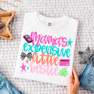 Mama's Expensive Little Bestie shirt with colorful money bow and credit card design
