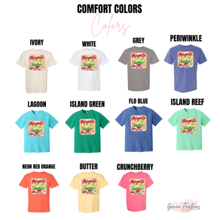 Comfort Colors margarita weather tee color swatch in ivory, white, grey, periwinkle, lagoon, island green, flo blue, and more
