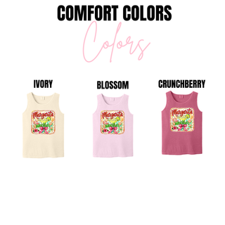 Comfort Colors margarita weather tank in ivory, blossom, crunchberry, and royal caribe
