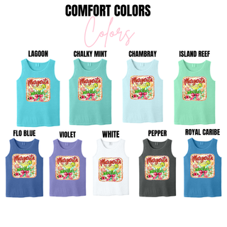 Comfort Colors margarita weather tank swatch in lagoon, chalky mint, chambray, island reef, flo blue, violet, white, and pepper
