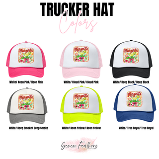 Margarita weather trucker hat color options in neon pink, cloud pink, deep black, deep smoke, neon yellow, and true royal
