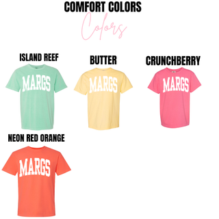 Comfort Colors Margs tee swatch showing seafoam, orchid, neon cantaloupe, island reef, butter, crunchberry, and neon red orange