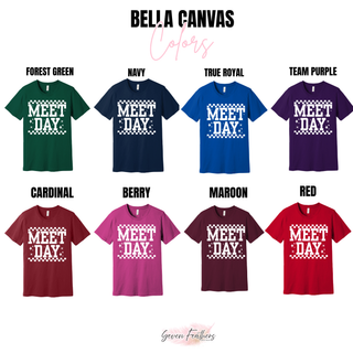 Bella Canvas meet day tee color options in forest green, navy, true royal, team purple, cardinal, berry, maroon, and red
