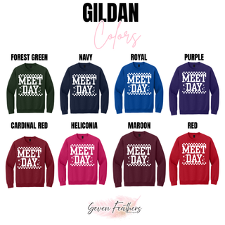 Gildan meet day graphic crewneck color options in forest green, navy, royal, purple, cardinal red, heliconia, maroon, and red
