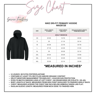 Men's Dri-FIT Primary Hoodie size chart with measurements for adult XS through 4XL