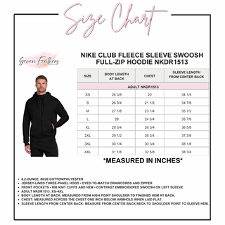 Men's full-zip hoodie size chart with body length, chest, and sleeve length measurements for XS through 4XL