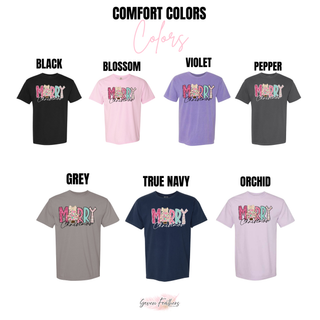 Comfort Colors youth and adult tee color options featuring the Merry Christmas Doodle design.