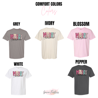 Merry Christmas Doodle Top Comfort Colors color options: Grey, Ivory, Blossom, White, Pepper