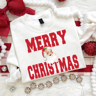Merry Christmas Santa Top - "Merry Christmas" in bold distressed red lettering with a vintage Santa face graphic on a white Gildan crewneck sweatshirt