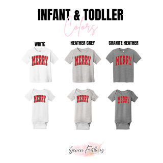 Infant and toddler color options for the Merry varsity design: white, heather grey, and granite heather