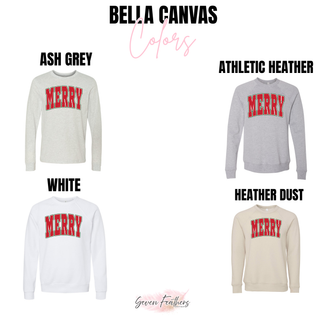 Bella Canvas color options for the Merry varsity design: ash grey, athletic heather, white, and heather dust