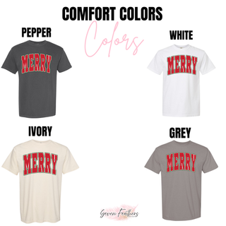 Comfort Colors color options for the Merry varsity design: pepper, white, ivory, and grey
