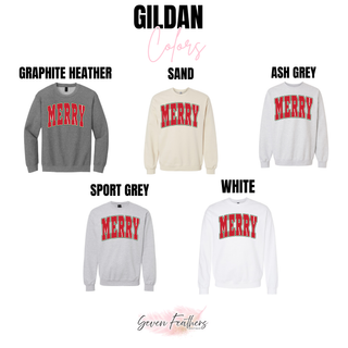 Gildan color options for the Merry varsity design: graphite heather, sand, ash grey, sport grey, and white