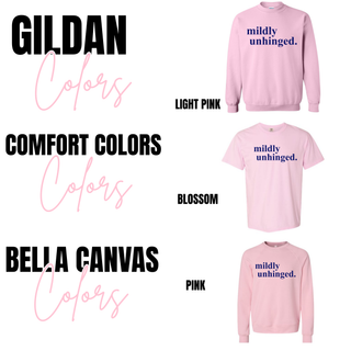 Color options showing Gildan light pink crewneck, Comfort Colors blossom tee, and Bella Canvas pink crewneck
