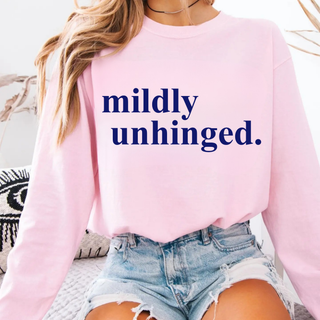 Light pink crewneck sweatshirt with Mildly Unhinged navy lowercase serif text graphic
