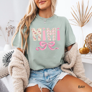 Bay Comfort Colors tee with Mimi floral gingham polka dot pearl lettering and pink bow design front view
