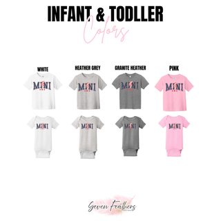infant and toddler shirts in white heather grey granite heather and pink with mini patriotic lightning bolt graphic