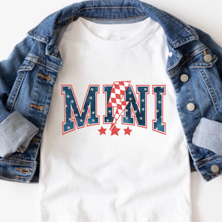 white shirt with mini patriotic lightning bolt stars graphic