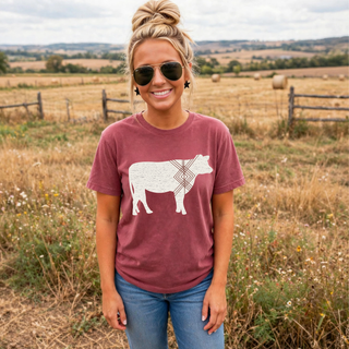Modern Farmhouse Cow Top crimson Comfort Colors t-shirt lifestyle photo in a field