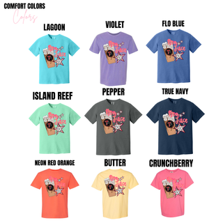 Comfort Colors tee color options in lagoon, violet, flo blue, island reef, pepper, true navy, neon red orange, butter, and crunchberry
