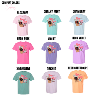 Comfort Colors tee color options in blossom, chalky mint, chambray, neon pink, violet, neon violet, seafoam, orchid, and neon cantaloupe
