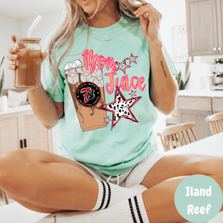Island reef Comfort Colors tee with Mom Juice iced coffee and star graphic in pink and black
