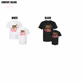 Monkey See Monkey Do Graphic Tee Comfort Colors tees in white and black showing front and back monkey star design