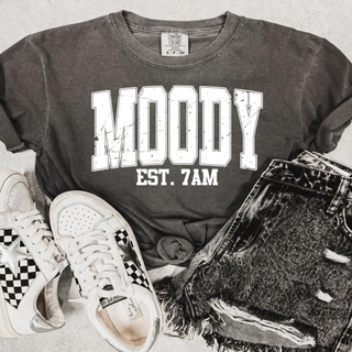 Comfort Colors pepper tee with white distressed varsity Moody Est. 7AM lettering

