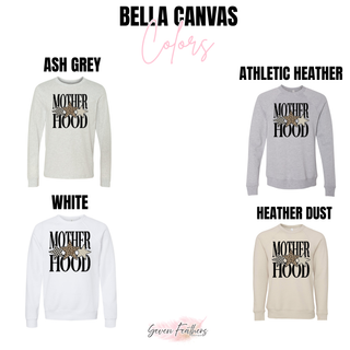 Bella+Canvas color options for the Mother Hood patterned star design shown on long-sleeve shirts and crewneck sweatshirts.