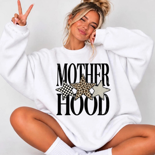 Model wearing a white sweatshirt with the Mother Hood graphic, featuring tall black lettering and three patterned stars across the front.