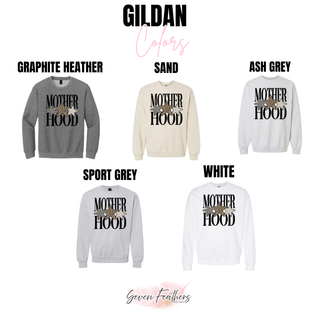 Gildan crewneck sweatshirt color options for the Mother Hood graphic with three patterned stars.