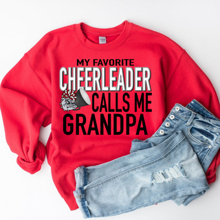 My Favorite Cheerleader Calls Me Grandpa Rossville Dawgs Top in red crewneck styled with jeans

