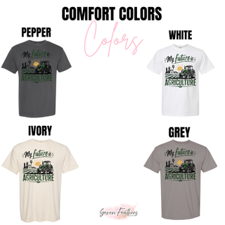 My Future is Agriculture tee shown in pepper, white, ivory, and grey with tractor farm graphic design