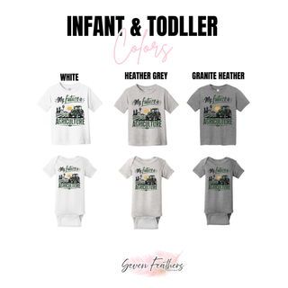My Future is Agriculture infant onesie and toddler tee shown in white, heather grey, and granite heather