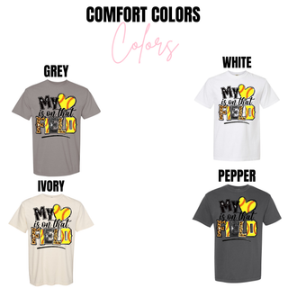 Comfort Colors color options showing grey white ivory and pepper softball graphic tops