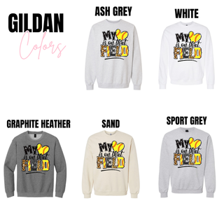 Gildan color options showing ash grey white graphite heather sand and sport grey softball graphic tops