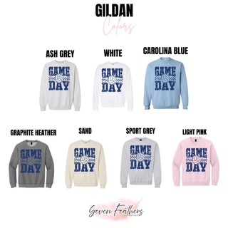 Navy Volleyball Game Day Gildan crewneck in ash grey, white, carolina blue, graphite heather, sand, sport grey, and light pink
