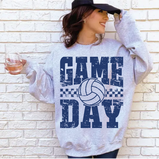 Navy Volleyball Game Day Graphic Top ash grey crewneck with distressed Game Day lettering and volleyball design
