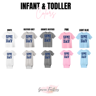 Navy Volleyball Game Day infant tee and onesie in white, heather grey, granite heather, pink, and light blue
