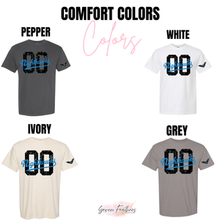 NEK Nighthawks custom number top Comfort Colors options in pepper, white, ivory, and grey