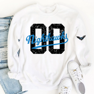 White crewneck sweatshirt with a distressed black number 00 and blue Nighthawks script across the front, small NEK eagle badge on the sleeve