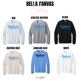 NEK Nighthawks Script Top Bella Canvas color options in ash, athletic heather, black, heather dust, Carolina blue, and white