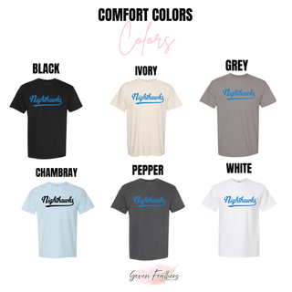 NEK Nighthawks Script Top Comfort Colors options in black, ivory, grey, chambray, pepper, and white