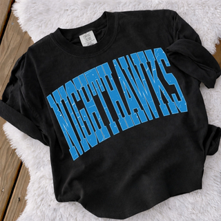 NEK Northeast Kansas Nighthawks Arched Logo Top in black sweatshirt, worn by model
