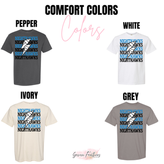 NEK Northeast Kansas Nighthawks Repeating Volleyball top shown in Comfort Colors colors: pepper, white, ivory, and grey