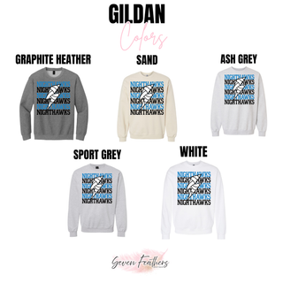 NEK Northeast Kansas Nighthawks Repeating Volleyball top shown in Gildan colors: graphite heather, sand, ash grey, sport grey, and white