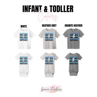 NEK Northeast Kansas Nighthawks Repeating Volleyball top shown in infant and toddler colors: white, heather grey, and granite heather