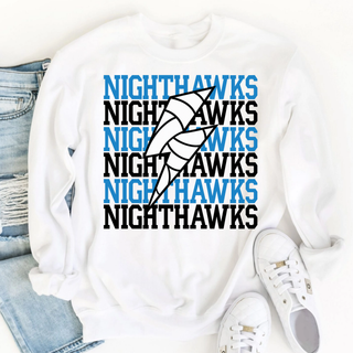 white crewneck with repeating Nighthawks wordmark in alternating blue and black and diagonal volleyball graphic, flat lay with jeans and sneakers